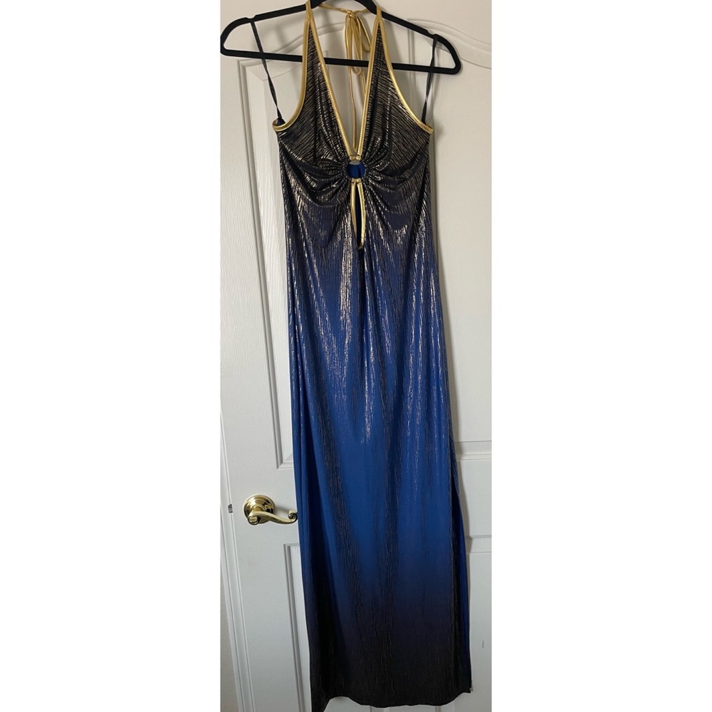 Brand new with tag, Blue, Navy blue and gold shimmer halter Maxi dress.